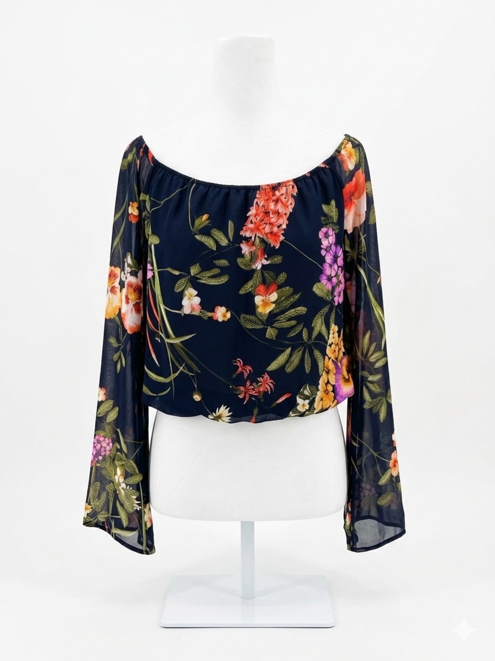 ASTR The Label Off Shoulder Floral Crop Top Long Bell Sleeve Navy Blue‎ Small